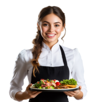 A smiling waitress holding a food tray and offering great service, isolated on transparent Background png