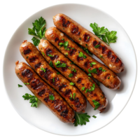 A clean white plate with grilled sausages and fresh parsley placed neatly, isolated on transparent background png