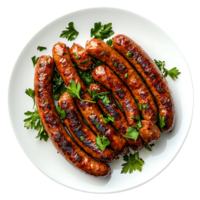 A neat white plate with grilled sausages and fresh parsley, isolated on transparent background png