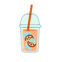 Pink lemonade in a transparent cup with a dome lid and straw with ice vector