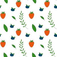 Seamless Summer Pattern with Strawberries, Blueberries, and Green Leaves, Fresh Fruit and Nature Design for Textile, Wrapping Paper, and Seasonal Decor vector