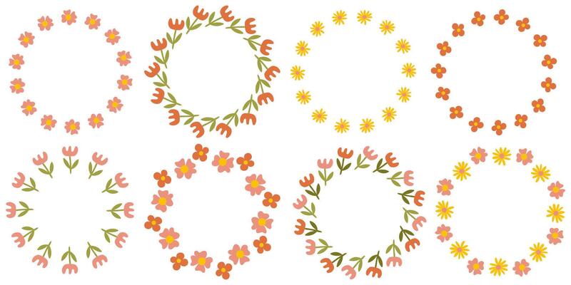 Set of elegant round floral frames with delicate pastel flowers, botanical decorative circle borders for wedding invitations, baby shower cards, feminine designs and romantic projects