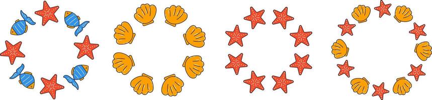 Set of summer circles with shell, star and fish vector