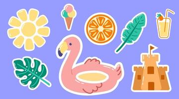 Set of summer stickers on violet background vector