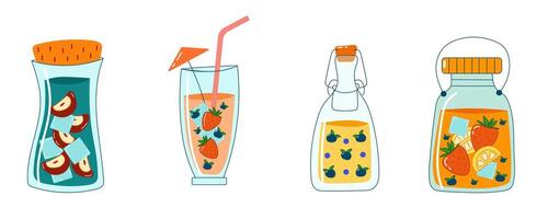 A collection of jars filled with colorful lemonades, each featuring different fruits for a fun and vibrant summer drink aesthetic. vector