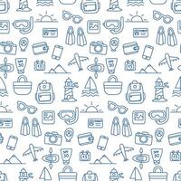 Seamless travel pattern in doodle style with blue outline, includes airplane, camera, flippers, SPF, kayak, bag, backpack, lighthouse, perfect for fabric, kids design, packaging, wrapping vector