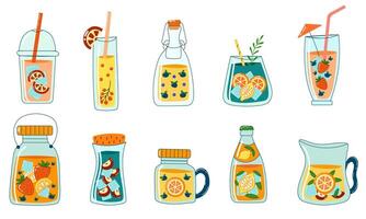 Set of lemonade bottles and coctails with fruits and ice inside. vector