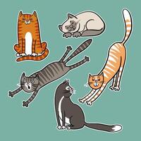 Sticker set of funny doodle style cats, hand drawn with playful expressions and quirky poses, perfect for fun creative projects. vector