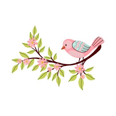 Colorful flat-style illustration of a fantasy bird perched on a blooming branch with leaves and flowers, isolated on white background.