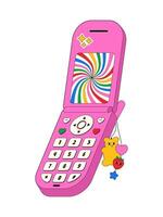 A playful pink flip-up phone captures attention with its charming retro design. Adorned with colorful stickers and whimsical keychains, it brings a touch of nostalgia to any surroundings. vector