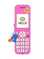 Retro flip-up pink phone decorated with stickers and keychains brings nostalgic charm to any setting, showcasing its playful design and retro technology vector