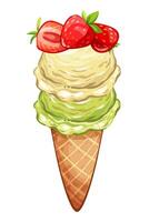 Ice cream cone with two scoop and strawberry filling in cartoon style, yellow and green balls in waffle isolated on white background, Sweet summer dessert illustration from constructor set for design vector