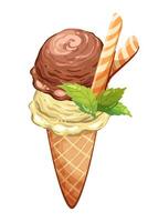 Ice cream cone with two balls and toppings in cartoon style, yellow and brown balls in waffle cone with mint leaves isolated, Sweet summer dessert illustration from constructor set for candy design vector