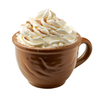 A close-up of a creamy hot chocolate drink with whipped cream in a brown cup, isolated on transparent background png