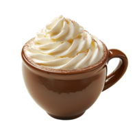 A close-up of a brown ceramic cup filled with rich, creamy hot chocolate topped with whipped cream, isolated on transparent background png
