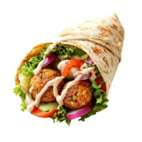 Close-up of a delicious falafel wrap with vegetables and tahini sauce Isolated on transparent Background png