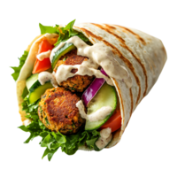 A close-up of a savory falafel wrap with crisp vegetables and tahini sauce, isolated on transparent background. png