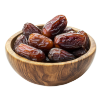 Close-up of a rustic wooden bowl with shiny dried dates, isolated on transparent Background png