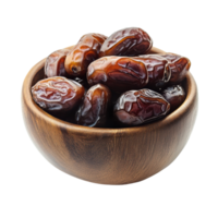 A rustic wooden bowl filled with shiny dried dates, isolated on transparent Background png