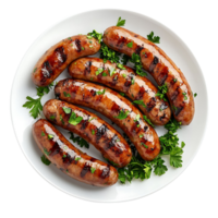 Grilled sausages and fresh parsley placed on a clean white plate, isolated on transparent background png