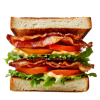 A delicious BLT sandwich with crispy bacon, fresh lettuce, and juicy tomatoes on toasted white bread, Isolated on transparent Background png