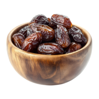 Rustic wooden bowl with dried dates isolated on transparent Background png