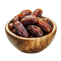 Rustic wooden bowl with dried dates, isolated on transparent Background png