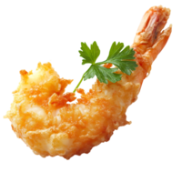 Fried prawn in golden crust topped with fresh parsley garnish Isolated on transparent Background png