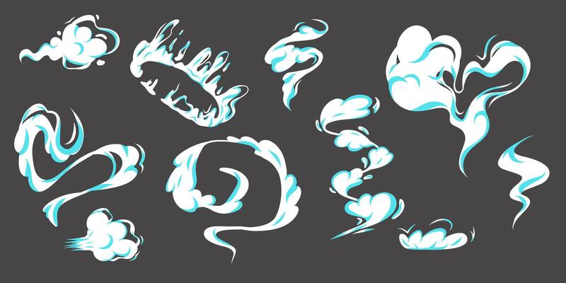 Cartoon smoke clouds set. white steam, mist, aroma or toxic vapor puffs. Dusty, flowing smoke elements for design