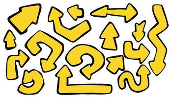 Set of yellow doodle arrows. Hand-drawn sketch-style curved and straight pointers. Fun and playful elements for notes, highlights, infographics, and creative designs. vector