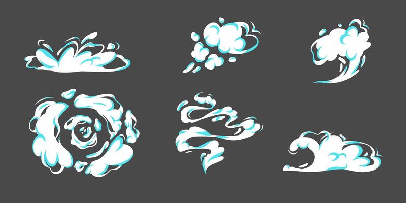 Cartoon smoke clouds set. white steam, mist, aroma or toxic vapor puffs. Dusty, flowing smoke elements for design, effects