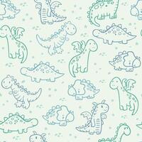 Illustration of a repeated pattern with dragons and dinosaurs in a childish style. Art in simple and uncluttered lines. vector