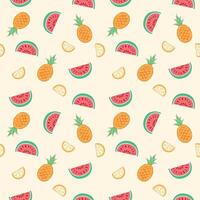 Illustration of a repeated pattern of randomly scattered tropical fruits. Stylized line art. vector