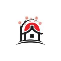 A house with a red sun and tree on it vector