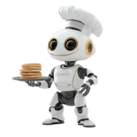 A robotic chef serves pancakes on a metallic serving tray png