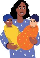 A flat style illustration of a single mother holding two babies vector