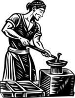 An old black and white illustration of a man working on a vector