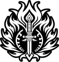 A black and white logo with a sword and flame vector