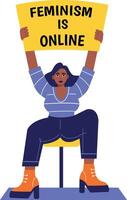 A protesting woman holding banner in hands, a flat style illustration vector