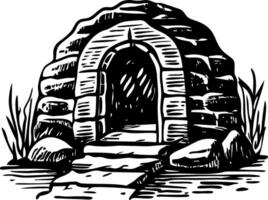 An old stone house with steps and a door vector