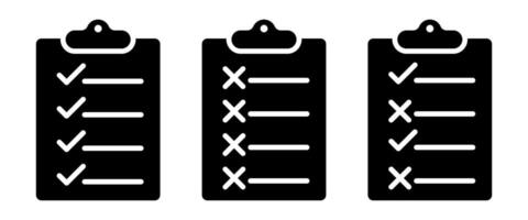 Task status checklist icons. Black clipboard symbols with checkmarks and X marks representing completed, failed, and mixed items for apps, websites, presentations, or productivity tools vector