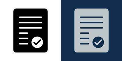 Document approval icon. Contract paper with check mark symbol. Legal form validation, confirmed report or signed file icon in flat black and blue style for business, office and corporate use. vector