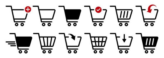 Shopping Cart Icon Set. E-commerce Symbols for Add, Checkout, Remove, Buy, Speed, Arrow, and Basket. Minimal Line Icons Collection for Web, Mobile UI, and Online Store Interfaces. vector