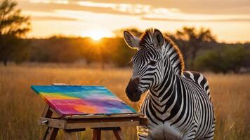 A zebra curiously observes a colorful painting on an easel during a sunset in a grassy field. photo