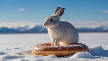 A rabbit sitting on a large donut in a snowy landscape with mountains in the background. photo