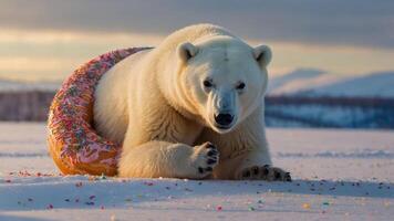 A polar bear lounging in the snow with a colorful donut around its midsection. photo