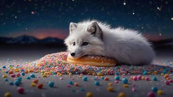 A fluffy white fox rests on a donut surrounded by colorful sprinkles in a whimsical setting. photo