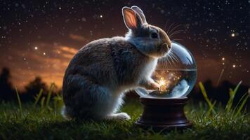 A rabbit gazes into a magical snow globe under a starry sky. photo
