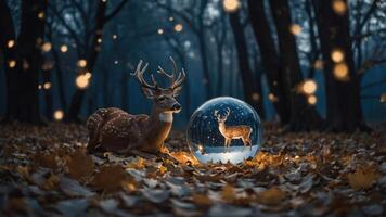 A serene scene featuring a deer beside a glass dome with another deer inside, surrounded by autumn leaves. photo