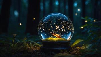 A glowing firefly inside a snow globe amidst a dark forest, surrounded by floating lights. photo